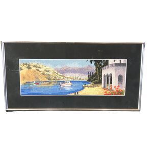 2003 Framed Embroidered‎ Needlepoint Crewel Grand Canal Boat Lake Italy Fine